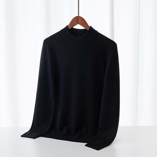1 Men's Solid Color Sweater 2025 Autumn Winter New Fleece Lined Thickened Warm Mid-Neck Black Base Shirt Top Trendy_viptrois.com