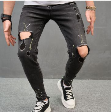 Men's Ripped Patch Jeans Stretch Pants_viptrois.com