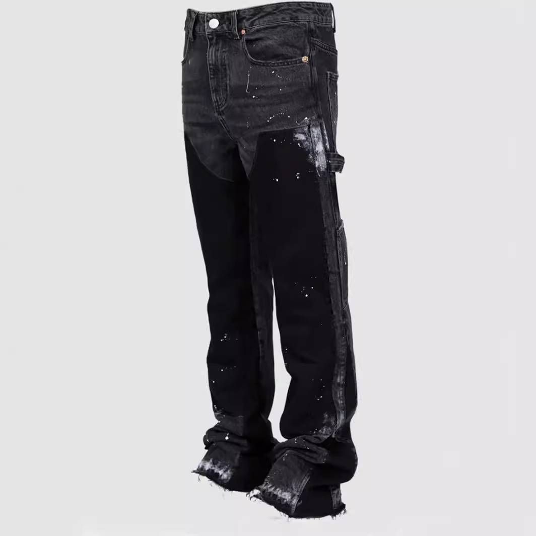 Men's Clothing Men's Denim Workwear Pants, European And American Fashion Ins Workwear, Popular Elastic Patch Denim Layered Flared Pants_viptrois.com
