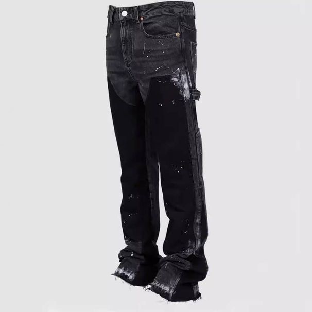 Men's Clothing Men's Denim Workwear Pants, European And American Fashion Ins Workwear, Popular Elastic Patch Denim Layered Flared Pants_viptrois.com