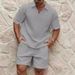 Men's Clothing New Fashion Waffle Solid Color Lapel Polo Shirt Short Sleeve Shorts Sports Suit_viptrois.com
