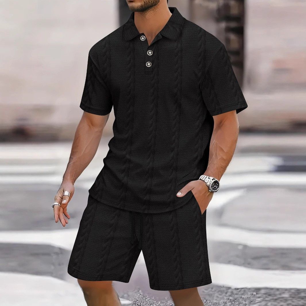 Men's Clothing Solid Color Jacquard Summer Leisure Lapel Button Short Sleeved Shorts Sports Men's Suit Men_viptrois.com
