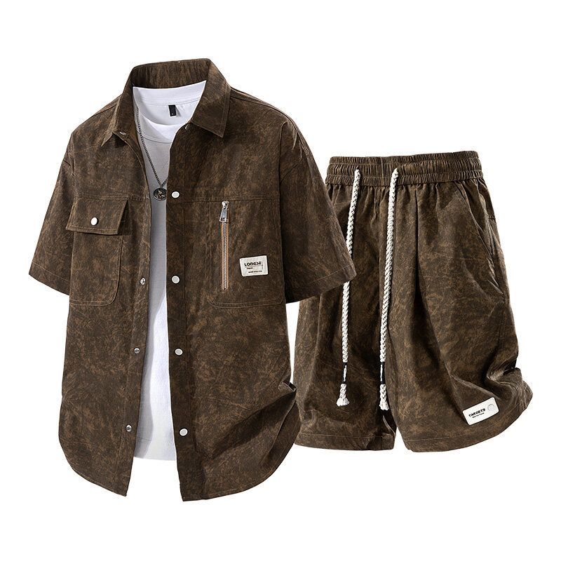 Men's Clothing Retro Cleanfit Tie Dye Workwear Short Sleeved Suit Summer Casual Short Sleeved Shirt Shorts Men's Two Pieces_viptrois.com