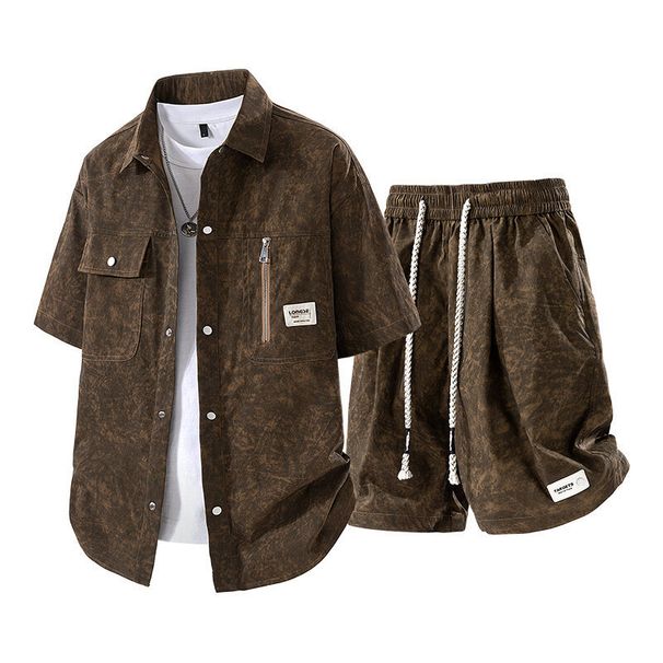 Men's Clothing Retro Cleanfit Tie Dye Workwear Short Sleeved Suit Summer Casual Short Sleeved Shirt Shorts Men's Two Pieces_viptrois.com