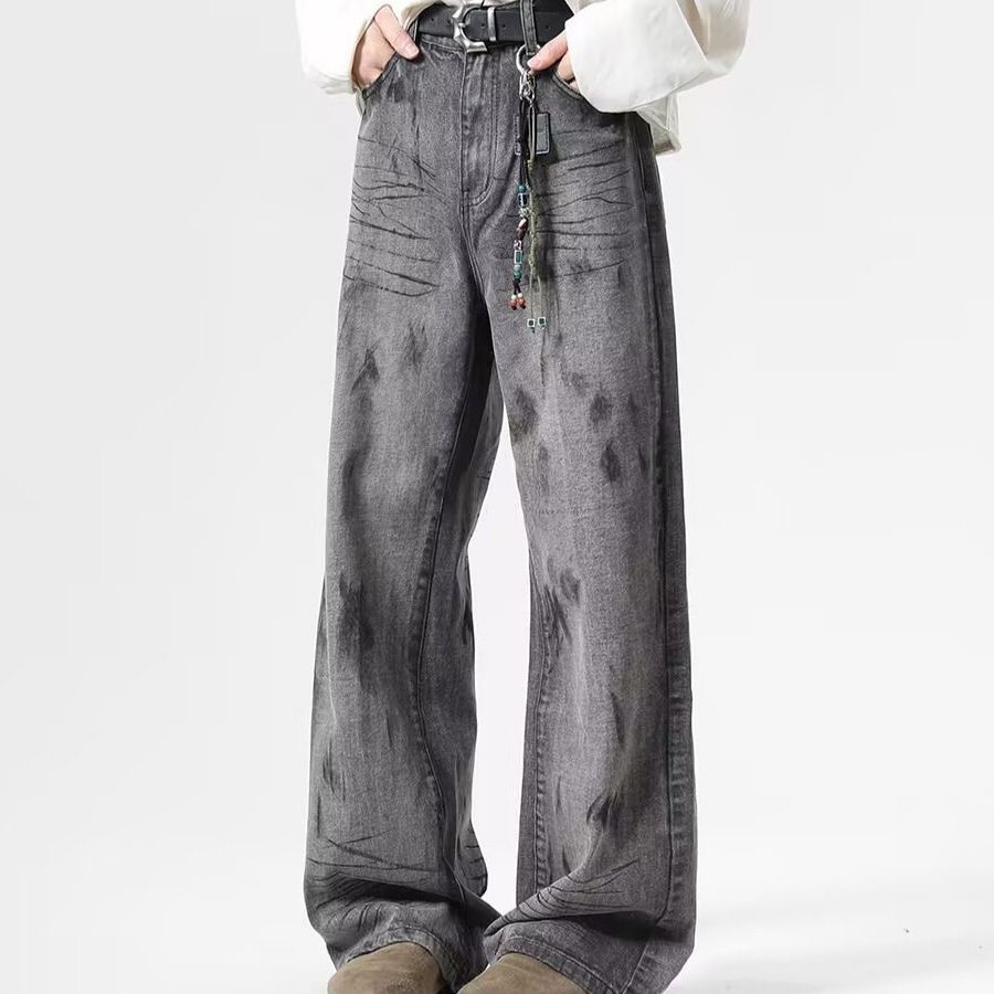 American Style Wasteland Tie-Dye Jeans For Women, Autumn 2024 New Loose Lazy Relaxed Floor-Length Pants_viptrois.com