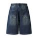 Men's Clothing Zipper Denim Shorts Loose Retro Distressed Blue Straight Shorts_viptrois.com