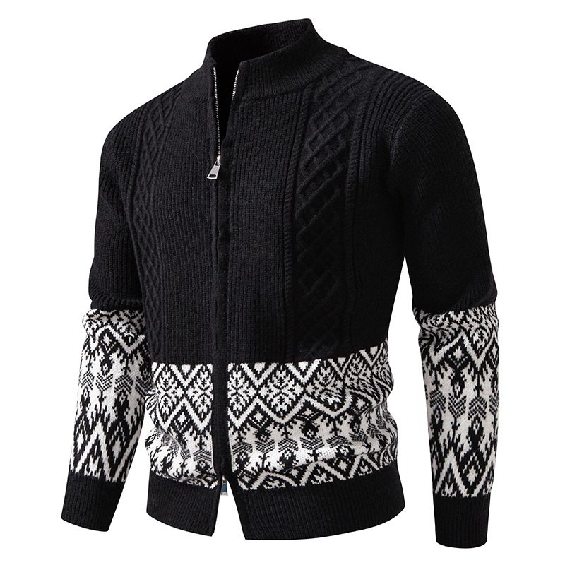 Men's Clothing Knit Cardigan Sweater With Jacquard Pattern, Thickened Oversized Open Front Pullover, Casual Loose Fit Long Sleeve Coat_viptrois.com
