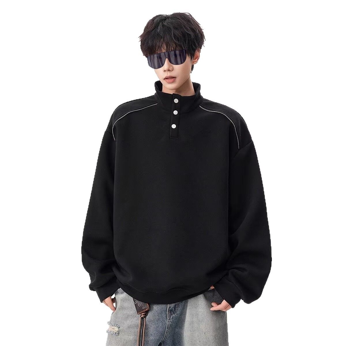 Half Button Design High Neck Hoodie Trendy New Style Fashion Design Versatile Loose Top_viptrois.com