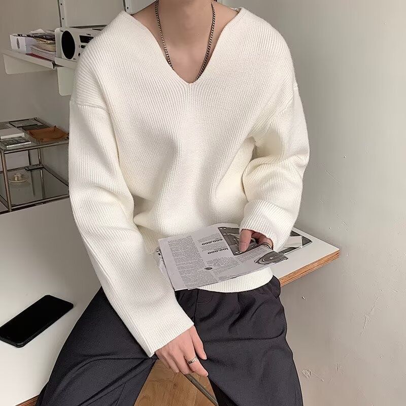 Pure Autumn Winter French Style Large V-Neck Knitted High-End Loose Long Sleeve Sweater For Men With Design Sense Solid Color_viptrois.com