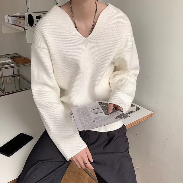 Pure Autumn Winter French Style Large V-Neck Knitted High-End Loose Long Sleeve Sweater For Men With Design Sense Solid Color_viptrois.com