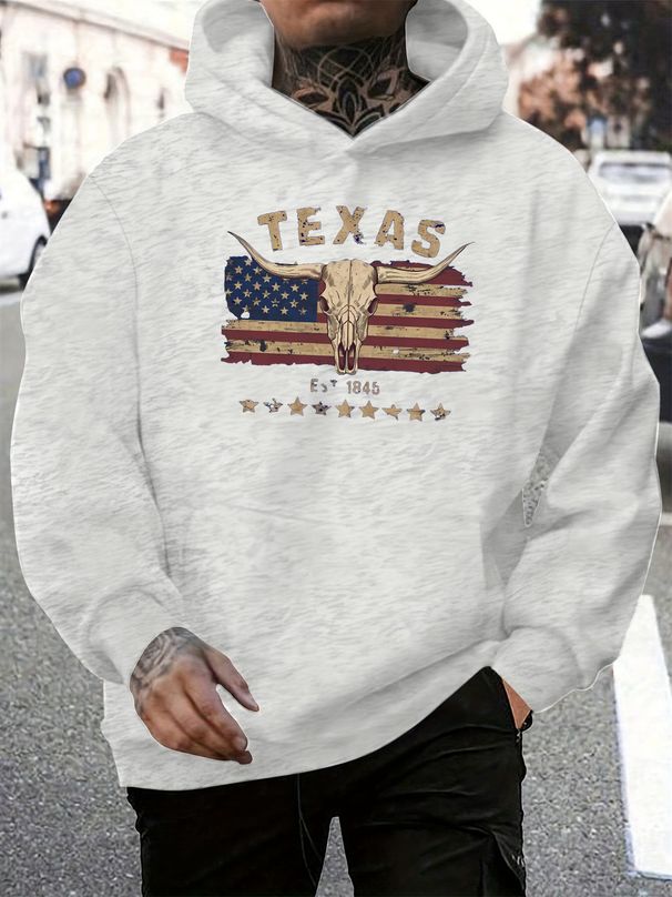 Men's Autumn And Winter Casual Fashionable Loose Hooded Sweatshirt With Retro Western Bull Head Pattern Printed Warm Long Sleeved Pullover_viptrois.com