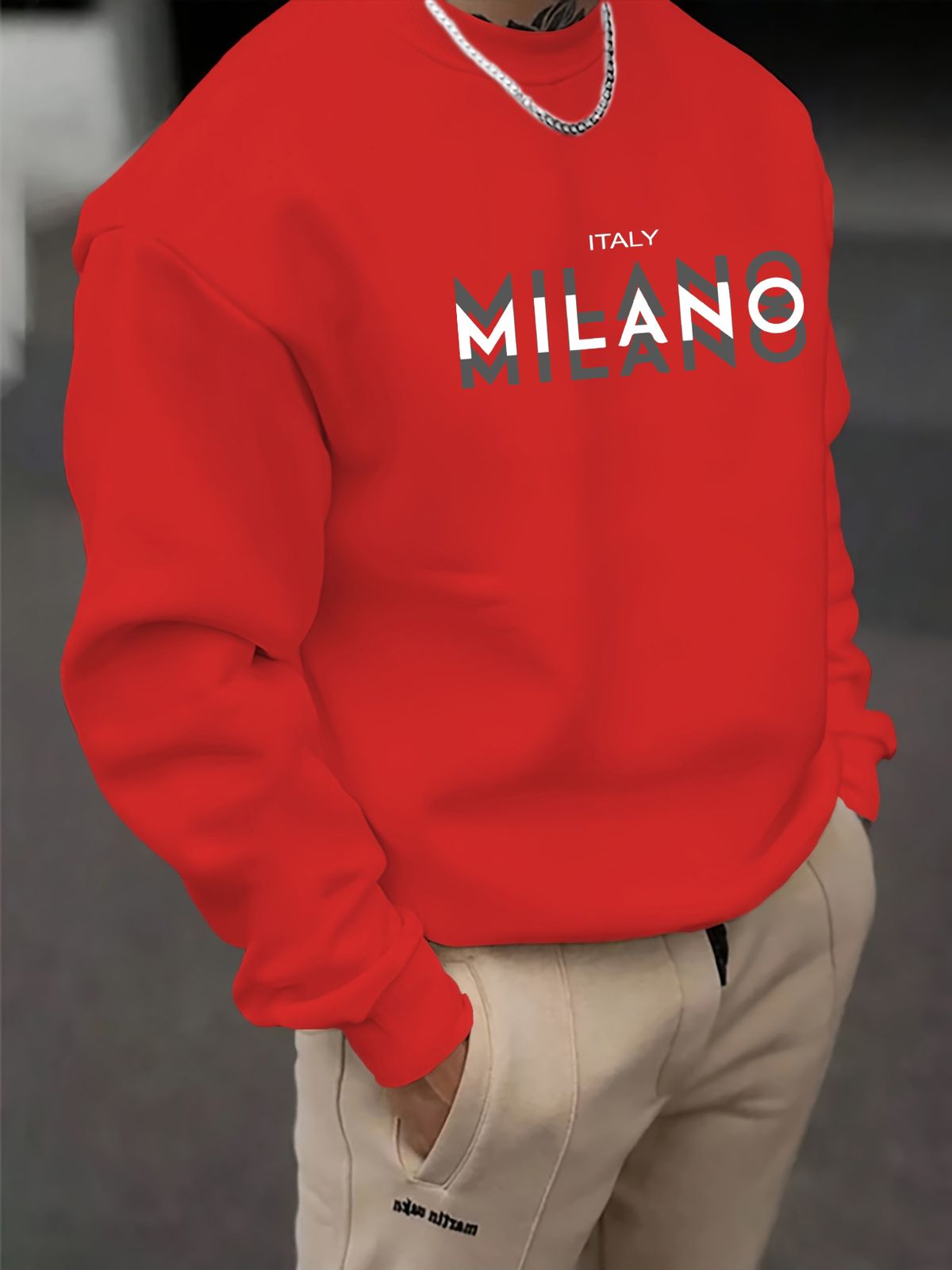 Men's Loose Casual Fashion MILANO ITALIA Letter Pattern Printed Round Neck Long Sleeved Sweatshirt Suitable For Autumn And Winter Wear_viptrois.com