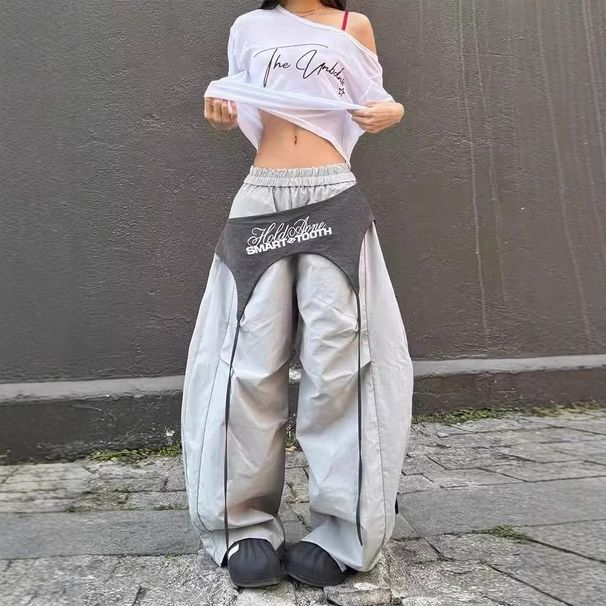 Men's Clothing American Style Layered Design Lace Up Scimitar Pants Casual Summer Street Hip Hop Dance Mopping Paratrooper Trousers_viptrois.com
