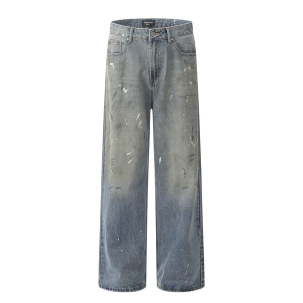Street Style Vintage Ink Splash Painted Jeans For Men, Unique Design, Niche Vibe, Trendy Stained Wide-Leg Straight Pants_viptrois.com