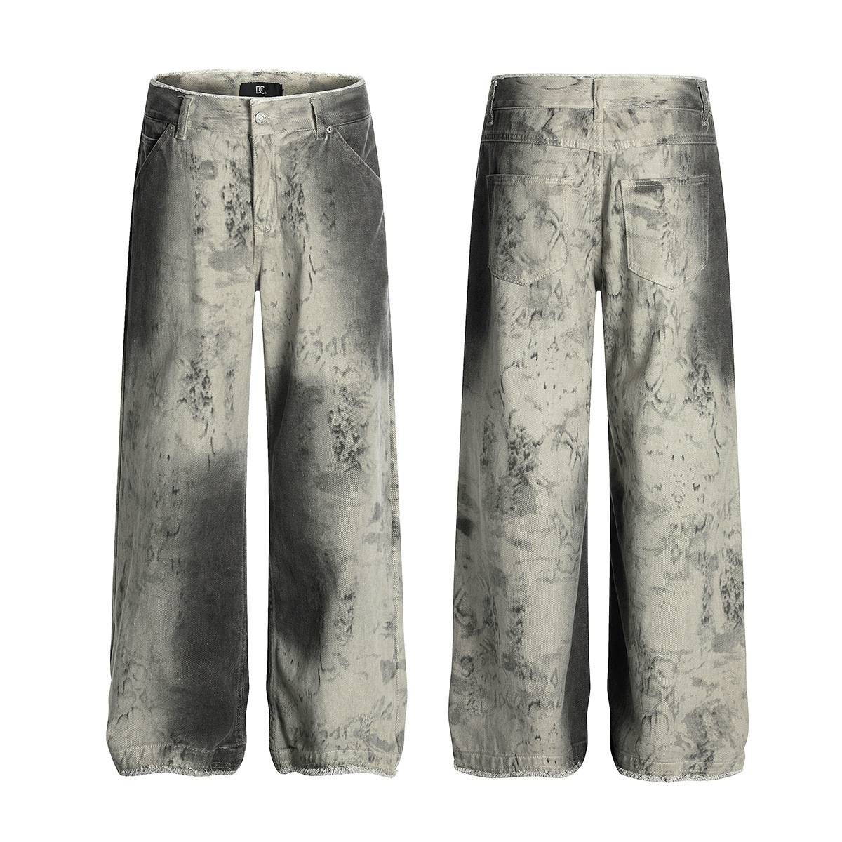 Men's Clothing Python Pattern Dirty Dye Personality Washed Raw Edge Jeans Straight Leg Pants_viptrois.com