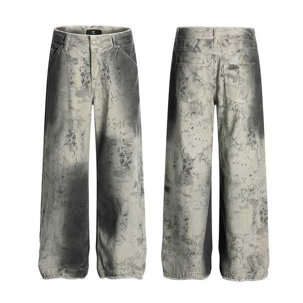 Men's Clothing Python Pattern Dirty Dye Personality Washed Raw Edge Jeans Straight Leg Pants_viptrois.com