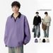 Men's V-Neck Color Block Fleece Hoodie, Long Sleeve Polo Pullover Sweatshirt, Streetwear Casual Top (Black, Beige, Purple, Grey Green)_viptrois.com