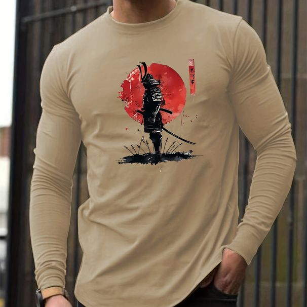 Men's Spring And Autumn Cotton Loose And Comfortable Versatile Japanese Samurai Pattern Printed Round Neck Long Sleeve T-shirt Top_viptrois.com