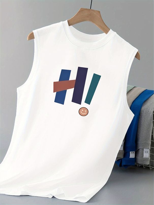 100% Pure Cotton Men's Summer Casual Sports Fitness Loose Hi Letter Pattern Printed Breathable Round Neck Sleeveless Vest_viptrois.com
