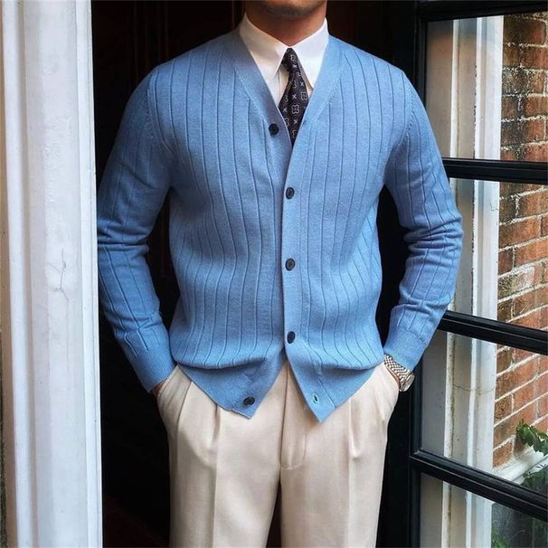 Autumn 2025 Fashion Knitwear Cardigan Outerwear Men's V-Neck Single-Breasted Long Sleeve Casual Sweater_viptrois.com