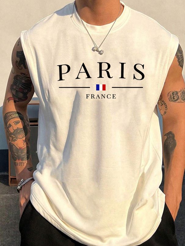 100% Pure Cotton Men's Summer Casual Sports Fitness Loose French Paris Pattern Printed Breathable Round Neck Sleeveless Vest_viptrois.com