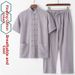 Men's Summer Tang Suit Thin Breathable Linen Short Sleeve Set Casual Dad Attire Style Retro With Frog Buttons_viptrois.com