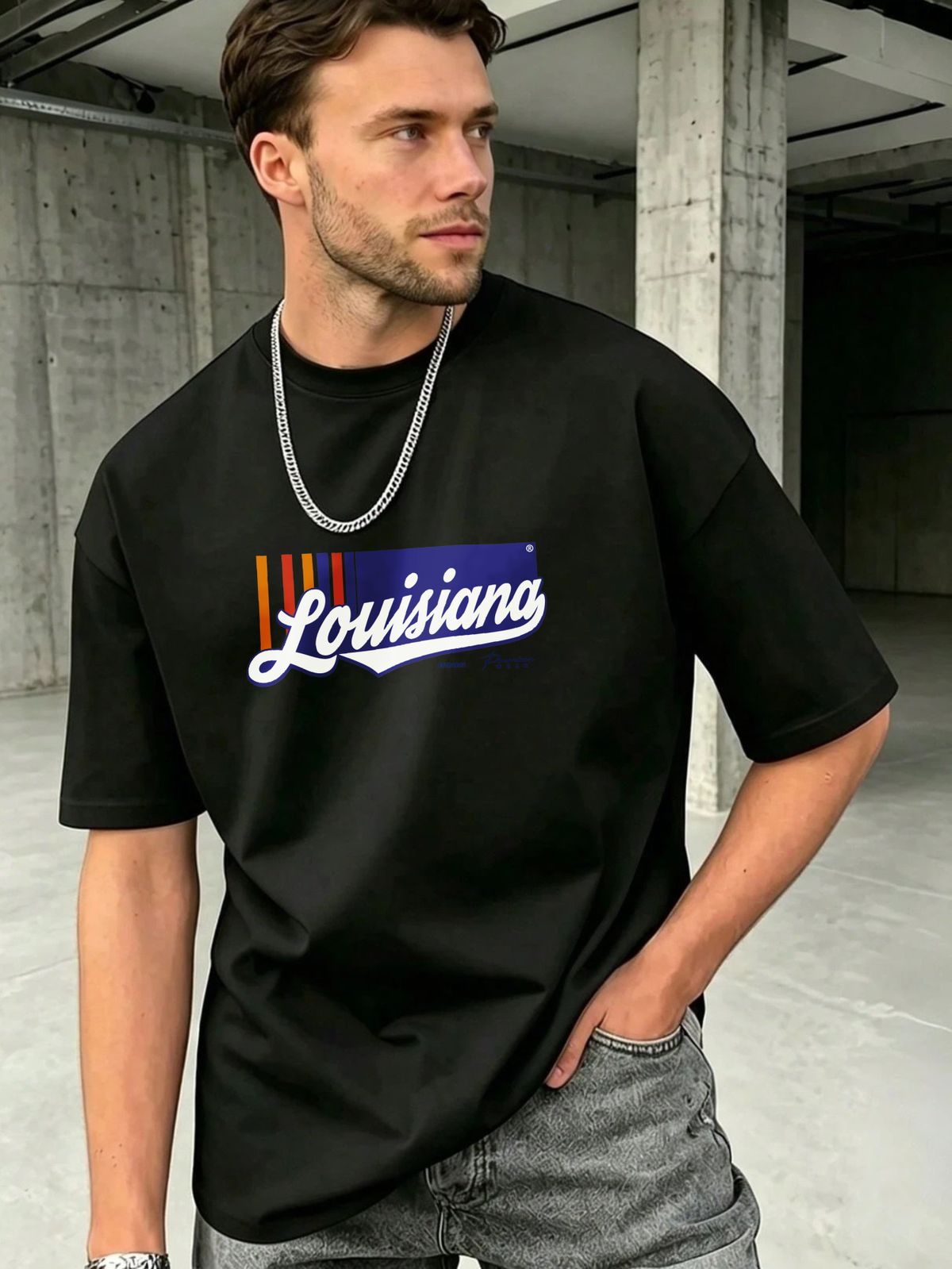 Casual Streetwear T-Shirt Louisiana Graphic Design Cotton Blend Oversized Fit Men Urban Fashion_viptrois.com
