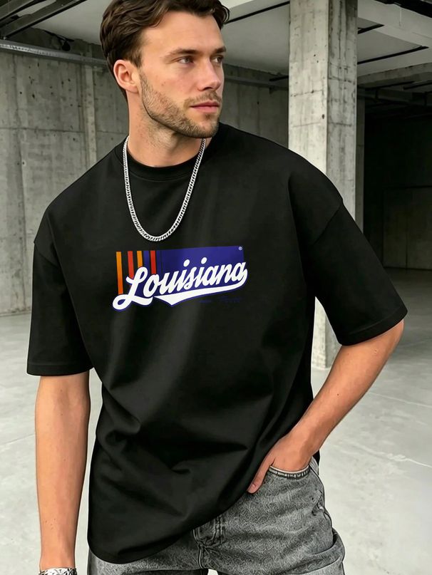 Casual Streetwear T-Shirt Louisiana Graphic Design Cotton Blend Oversized Fit Men Urban Fashion_viptrois.com