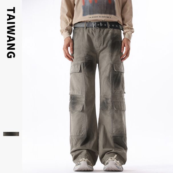 Men's Clothing Thai King Men's Wear 2024 Retro Autumn and Winter Spray Paint Multi Pocket Loose Casual Mopping Pants Men's Trousers_viptrois.com