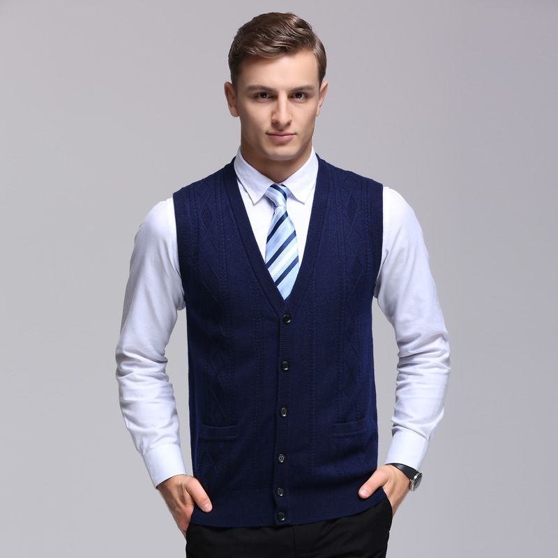 Men's Wool Blended V Neck Knitted Cardigan Vest Cardigan Sweater Colorblock Casual All Match Sleeveless Vest_viptrois.com