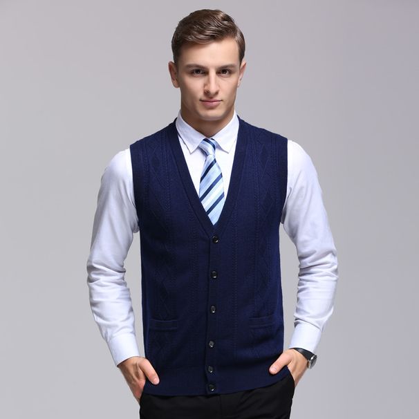 Men's Wool Blended V Neck Knitted Cardigan Vest Cardigan Sweater Colorblock Casual All Match Sleeveless Vest_viptrois.com