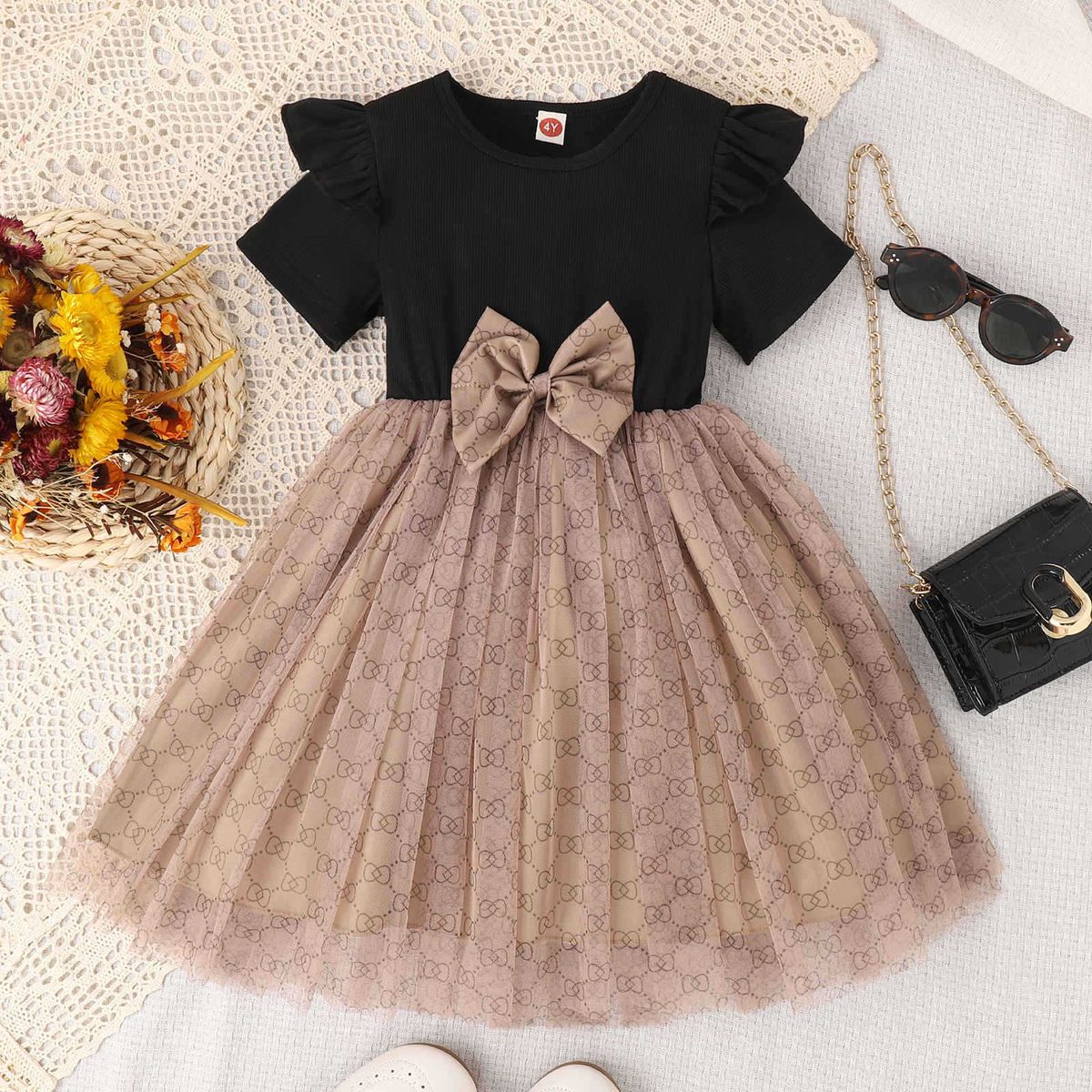 Baby clothes Children's breathable short sleeve Presbyterian print with bow mesh skirt dress for girls_viptrois.com
