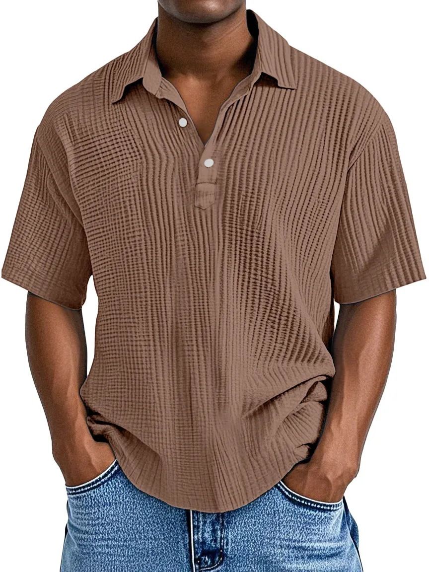 Men's Clothing New Double Layer Crepe Lapel Button Short Sleeved Casual Versatile Shirt_viptrois.com