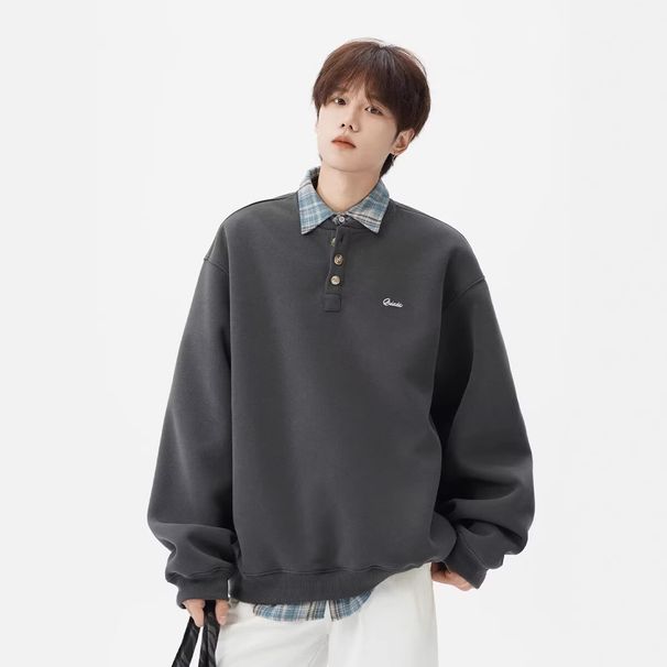 Embroidered Henry collar hoodie, loose and lazy for spring and autumn, youthful and casual long sleeved top_viptrois.com