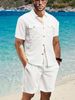 Men's Clothing New Summer Waffle Solid Color Pocket Shirt Short Sleeved Shorts Two Piece Suit_viptrois.com