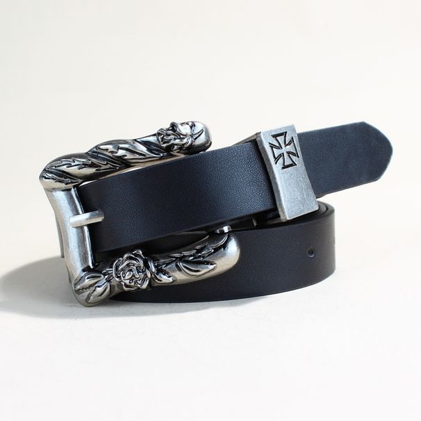 Women's Punk Style Belt - Vintage Black Leather Waistband With Ornamental Buckle & Silver Metal Clasp (Fashion Retro Waist Belt For Jeans/Pants)_viptrois.com
