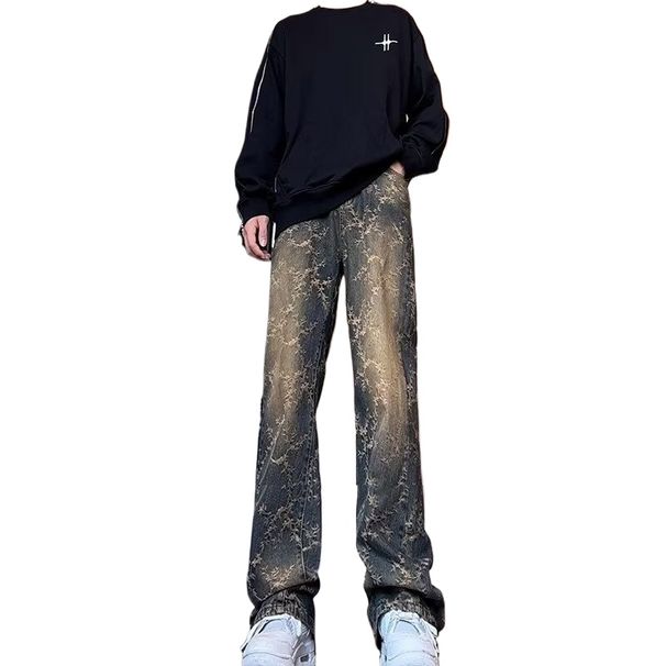 Bramble Jacquard Jeans American High Street Vibe Pants Men's Washed Straight Bib Pants_viptrois.com