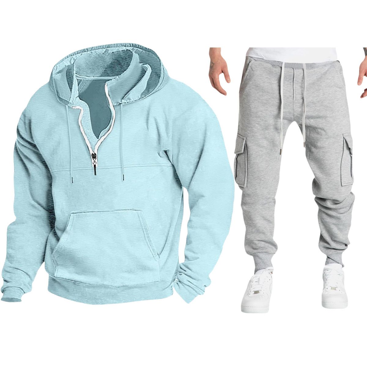 Men's Half-Zip Hoodie & Jogger Set - Winter Warm Fleece-Lined Pullover With Pockets, Athletic Casual Outfit For Gym, Running, Travel_viptrois.com