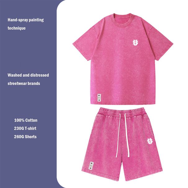 Men's Clothing Unisex US Embroidered Trendy IRR Heavyweight Trendy Brand Washed Distressed Pure Cotton Short Sleeved Shorts Casual Suit_viptrois.com