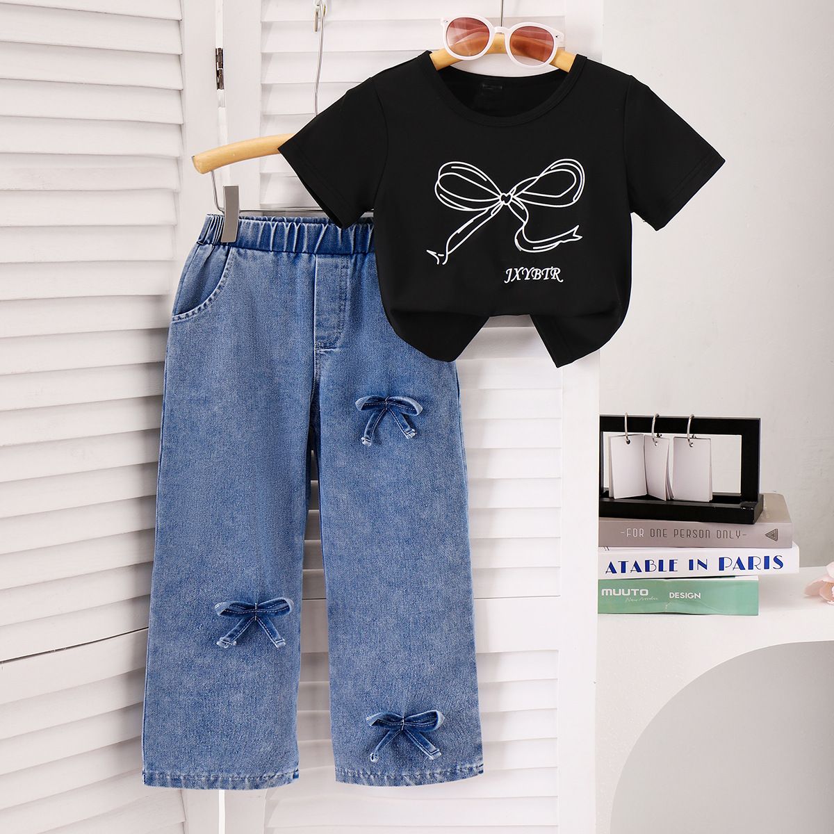 Mother & Kids Children's ClothingGirls' Butterfly Print Black Short Sleeve T Shirt And Jeans Set New_viptrois.com