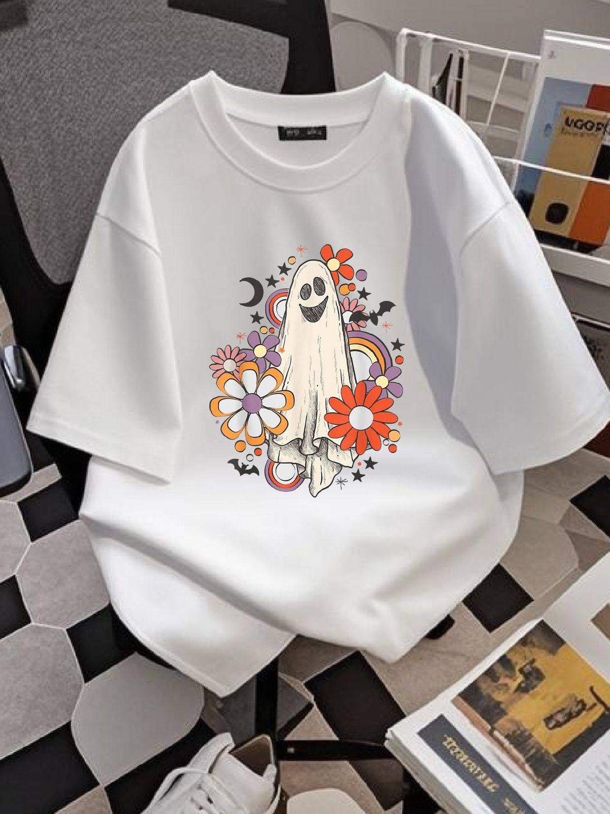 Retro Vintage Ghost Floral Pumpkin Halloween Womens Girls T-Shirt Stretched Stylish Unisex Soft Women Top Graphic Tees Top For Everyday Wear Graphic Comfortable Print Round Neck Short Sleeve Slightly Streetwear Designer Clothes Women Breathable Female_viptrois.com