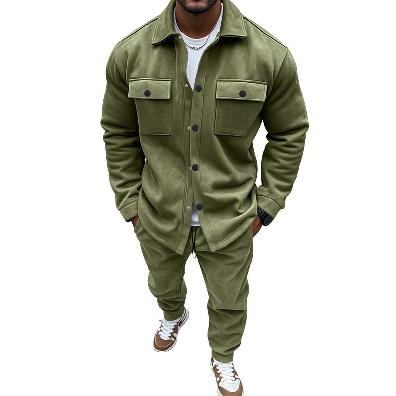 Men's Autumn Winter Suit Heavyweight Suede Solid Color Single Breasted Workwear Cardigan Two Piece Set_viptrois.com