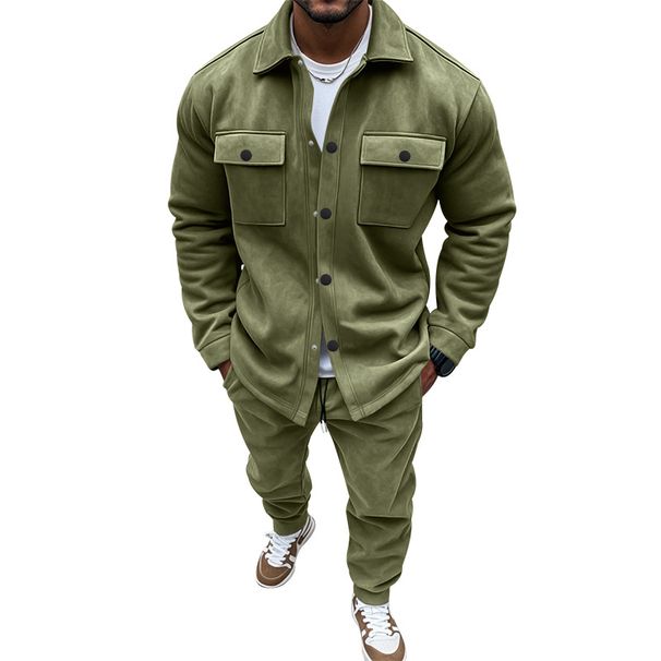 Men's Autumn Winter Suit Heavyweight Suede Solid Color Single Breasted Workwear Cardigan Two Piece Set_viptrois.com