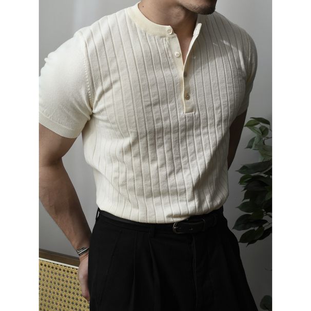 Men's Clothing Henry Collar Knitted T Shirt Men's Short Sleeved Casual Bottoming Shirt Retro Amei Khaki Summer_viptrois.com