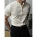 Men's Clothing Henry Collar Knitted T Shirt Men's Short Sleeved Casual Bottoming Shirt Retro Amei Khaki Summer_viptrois.com
