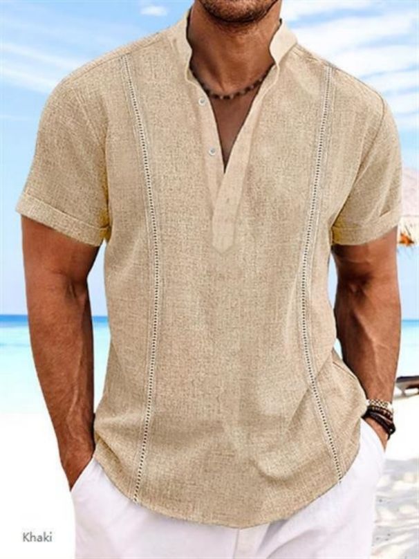 Camisa De Manga Corta Holgada Informal Para Hombre, Top Con Correas De Cáñamo Y Algodón Vintage De Color Sólido Con Cuello Henry, Novedad De 2024_viptrois.com