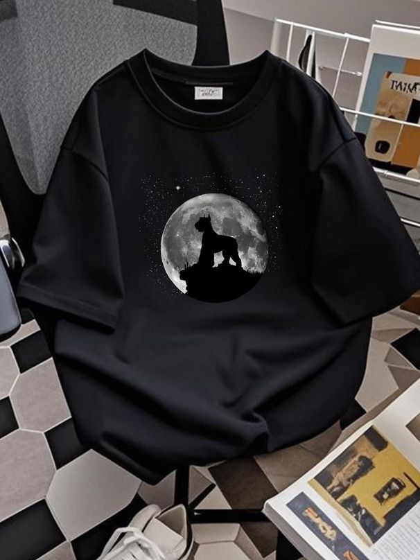 Giant Schnauzer Dog Moon T Shirt Cute Halloween For Lovers Funny Mother's Day Graphic Breathable Stretched Unisex Summer Stylish Homme Comfortable_viptrois.com