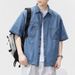 Men's Clothing Retro Solid Color Lapel Buttoned Short Sleeved Denim Shirt Neutral Washed Distressed Five Point Sleeve Loose Shirt_viptrois.com