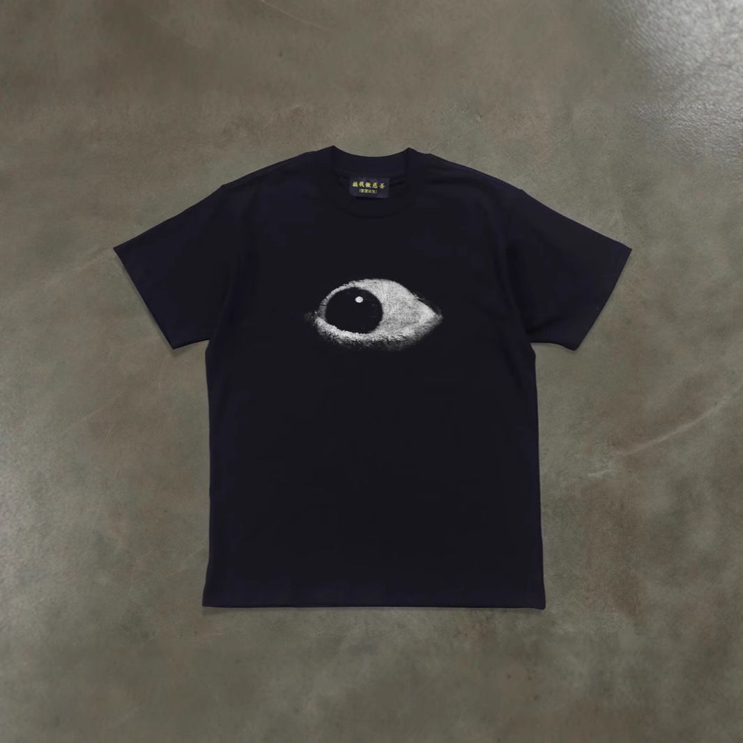 Men's Clothing Pure Cotton Loose Short Sleeved T-Shirt 250g Heavyweight American Style Vintage Eye Print Unisex Men's And Women's Top_viptrois.com