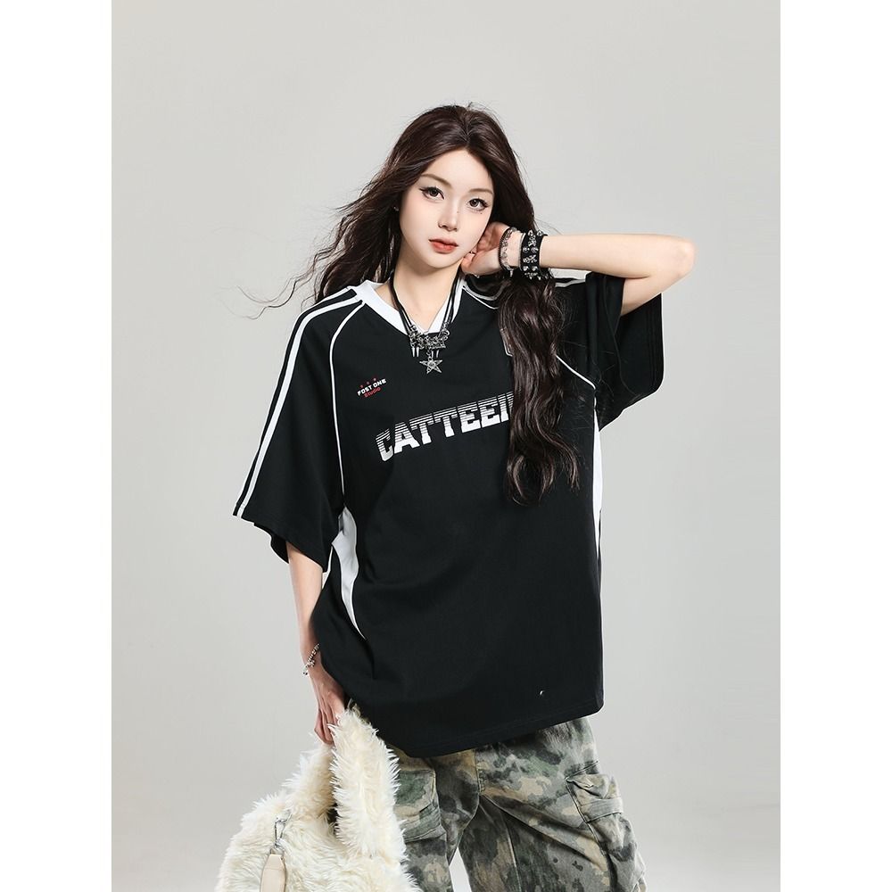 American-style Patchwork Striped V-neck Sporty Loose Short-sleeve T-shirt For Men And Women, Hip-hop Street Style_viptrois.com